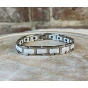 Tungsten & White Enamel Link Bracelet With Secure Clasp For Women 7.5"